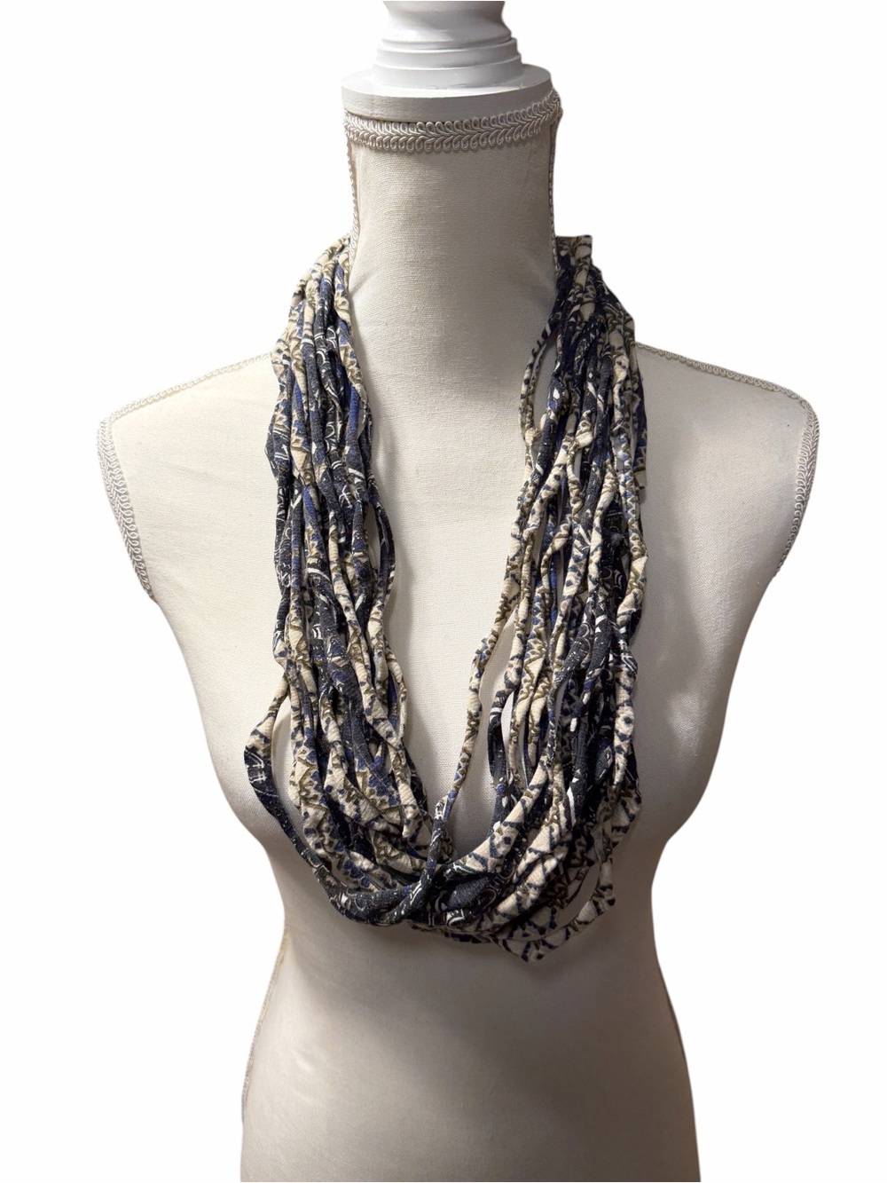 Multi-Strand Navy and Cream Fabric Necklace Scarf